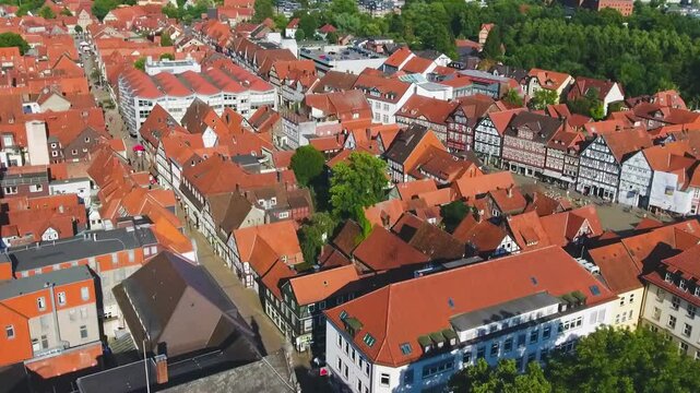 Stunning aerial view of Celle, Germany, showcasing its charming old town and timber-framed houses