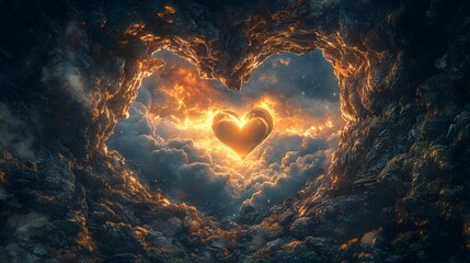 Fiery Heart Shaped Rock Formation Enveloped In Clouds