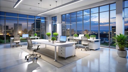 Night Modern Office, White Minimalist Workspace, Large Windows, Bright Interior Design, Collaboration Space, Creative Office, Architectural Photography