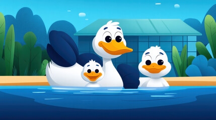 Farm, A charming image of a duck family gracefully swimming in a tranquil small farm pond, showcasing nature's beauty in high fidelity.