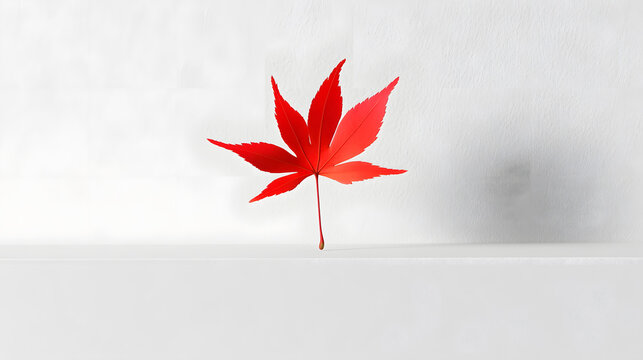 A single vibrant red maple leaf stands out against a stark white background.  Minimalist autumnal imagery, perfect for nature or seasonal themes.