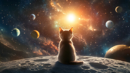 Adorable kitten on moon looking at vibrant sun and planets in a whimsical space scene, perfect for childrens books or dreamy designs.