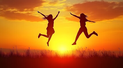 Silhouetted women joyfully leap at sunset.