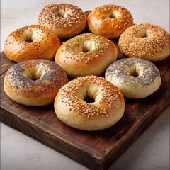 A variety of colorful bagels on a rustic wooden board.