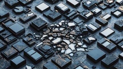 Shattered digital city, futuristic collapse, abstract destruction, background texture, tech failure concept