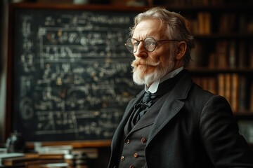 Mathematician Solving Equations in Vintage Attire with Chalkboard