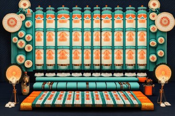 Naklejka premium Vibrant Traditional Display Featuring Ornate Patterns and Colorful Lanterns in Festive Setting