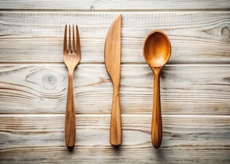 Rustic Kitchen Utensils: Wooden Spoon, Knife, Fork Still Life Photography