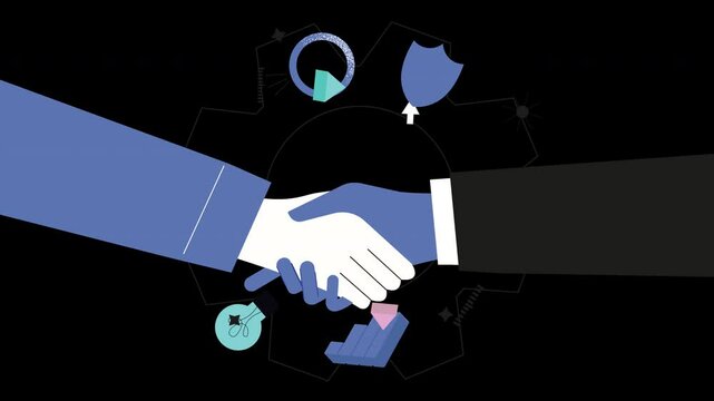 Two hands shake in a modern style, symbolizing a partnership or agreement, showcasing diverse skin tones.