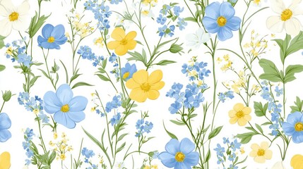 Blue yellow wildflowers seamless pattern textile design