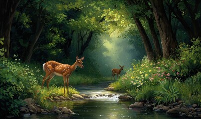 Serene Forest Scene with Grazing Fawns by a Peaceful Stream