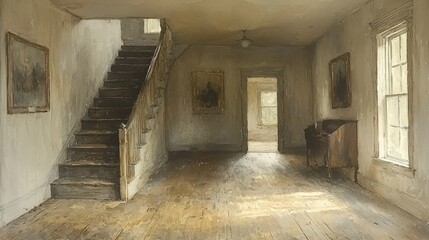 Sunlit interior of an abandoned house, showing worn wooden staircase, hardwood floors, old paintings, and a vintage organ.