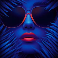 Close-up of a woman's face with sunglasses, surrounded by blue, sharp geometric shapes, illuminated with neon lighting. © PANGERANDESIGN