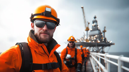 Offshore Oil Rig Worker: A focused oil rig worker in an orange protective suit and helmet, sunglasses, and backpack stands on a platform, his serious gaze meeting the camera.