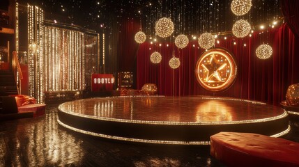 Luxurious stage with red velvet curtains, circular platform, and sparkling lights in a glamorous interior.