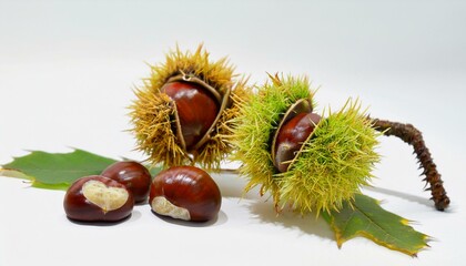 Sweet chestnuts still in their spiky husks.