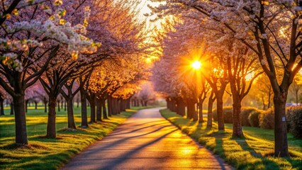 Spring Sunset Park Alley Bokeh Photography: Golden Hour, Nature Walk, Pathway, Trees, Blossoms