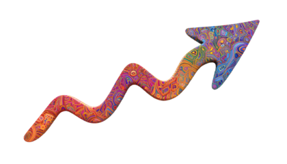 A 3D, minimalist, single slightly curved arrow with floral patterns in PNG format on a white background, colorful arrow, harmonious colors, seamless pattern, bold swirls, animal motifs, turquoise