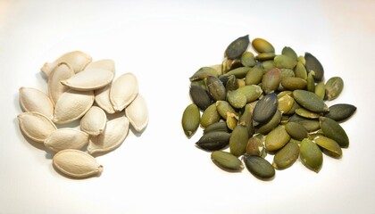 Roasted pumpkin seeds in two colors:  pale and dark green.