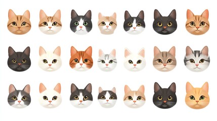 Fototapeta premium A set of vector illustrations depicting different cat breeds, such as Abyssinian, Ragdoll, and Persian, with cute kitten characters in a flat style design on a white background