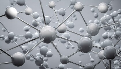 Abstract 3D rendering of a complex molecular structure.  A network of interconnected spheres in shades of gray.