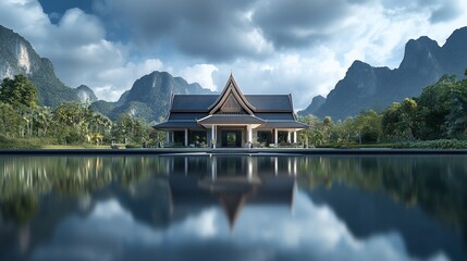 Obraz premium A serene architectural structure reflecting in water, surrounded by mountains and lush greenery.