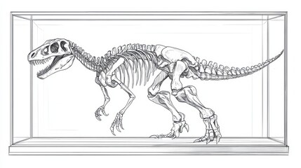 Fototapeta premium Detailed Sketch of Tyrannosaurus Rex Skeleton in Museum Display Case