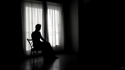 Silhouetted Person Sitting Alone Near Window Curtains