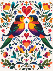 Two colorful birds face each other, sharing a loving moment amidst a vibrant floral arrangement and hearts.