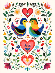 Obraz premium Two colorful birds face each other in a floral heart-filled scene.