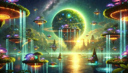 Obraz premium Floating islands with waterfalls and planet