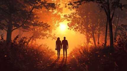 Fototapeta premium Couple walking hand-in-hand into a sunset forest.