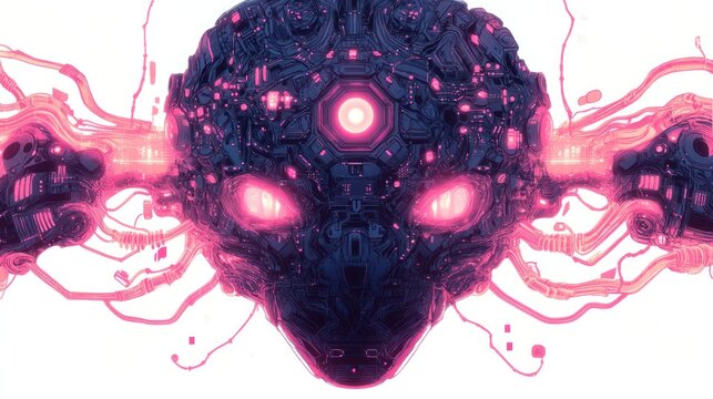 Cybernetic creature with glowing pink energy streams.