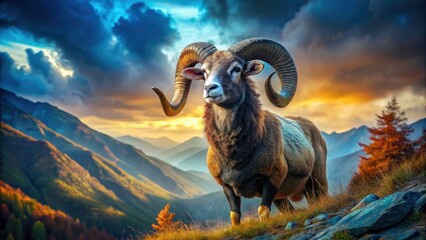 Unique Conceptual Photography of a Ram with Striking Blue and Brown Fur, Capturing Nature's Beauty and Artistic Expression in a Stunning Landscape