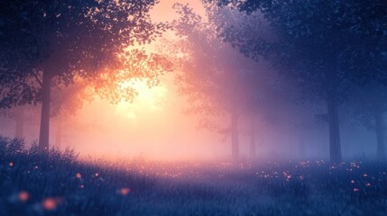Obraz premium Enchanting Misty Forest Illuminated by Ethereal Sunset Glow Captivating Fairytale like Landscape with Glowing Rays of Light Sparkling Fireflies and a Dreamy Mysterious Atmosphere