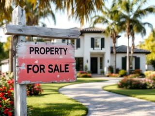 Rustic 'For Sale' sign with peeling paint set against a modern Mediterranean home with arched windows and a cobblestone driveway