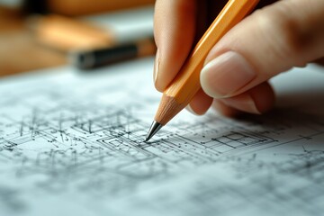 Japanese Architect Sketching Architectural Blueprints in Casual Office Setting