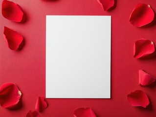 A blank white sheet surrounded by red rose petals on a textured red background, perfect for a romantic or decorative theme. mockup in valentine day.