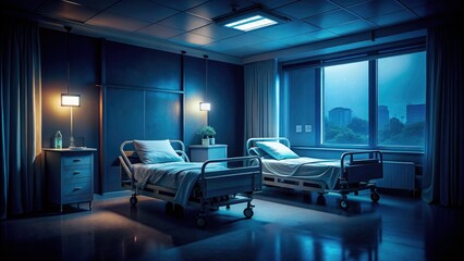 Abandoned Hospital Room at Night, Empty Beds, Ultrasound Machine, Dark, Deep Depth of Field, Medical Photography