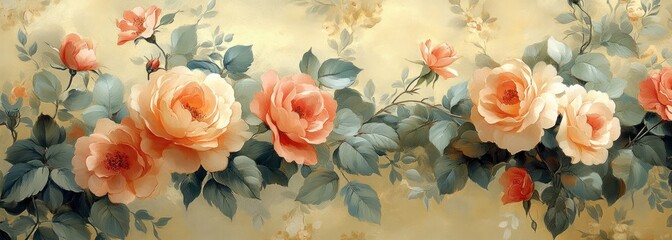 Vintage Botanical Wallpaper Floral Pattern Victorian Style Soft Pastels Warm Yellow Background