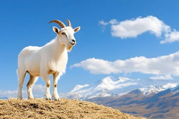 Obraz premium A majestic white goat stands on a rocky hill, overlooking a stunning mountain range under a bright blue sky with fluffy clouds