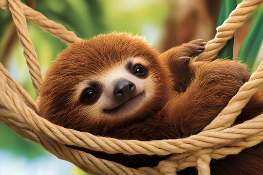 A cute sloth relaxes comfortably in a hammock, showcasing its adorable face against a lush green background
