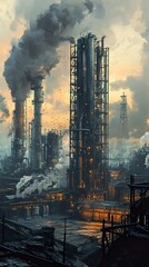 Gloomy Industrial Landscape: Nightfall at the Refinery