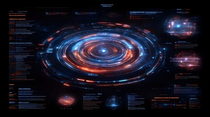 Futuristic HUD with glowing rings, data streams, and orbs.