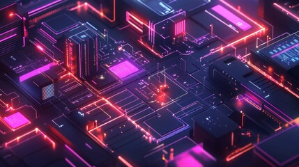 Obraz premium Abstract neon circuit board with glowing lines and components.