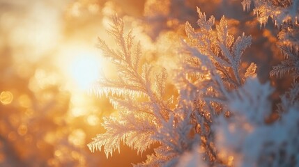 Frosty plant branches at sunrise.