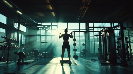 Fototapeta premium Woman lifting weights in gym, backlit by sunrise.