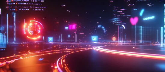 Fototapeta premium Neon cityscape with glowing roads and digital interface elements.