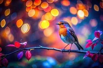 Fototapeta premium Autumn Night Bird Photography, Blurred Background, Fall Leaves, Night Wildlife, Dark Nature Scene