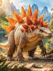 Fototapeta premium Majestic Dinosaur Roaming in a Lush Prehistoric Landscape Under a Vibrant Sky